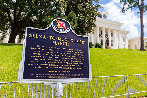 Montgomery, AL / USA - August 27, 2020: Selma To Montgomery March historical marker in front of the State Capitol in Montgomery, Alabama