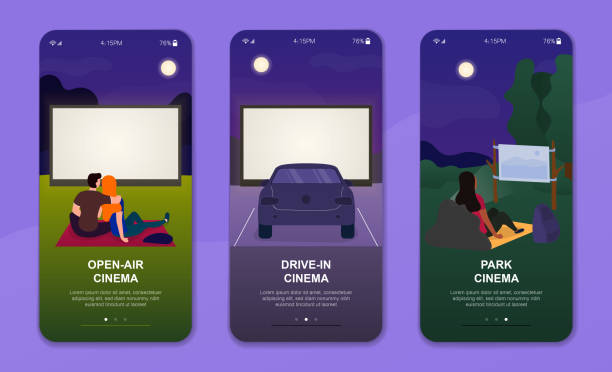 Three concepts of outdoor cinema Three concepts of outdoor cinema with couples watching Open-air Cinema, Drive-in Cinema and Park Cinema, colored vector illustration movie-theater-exterior stock illustrations