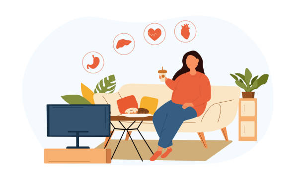 Obesity through unhealthy lifestyle concept Obesity through unhealthy lifestyle concept showing a fat woman eating takeaways in front of the Tv below icons of human organs, colored vector illustration greedy stock illustrations