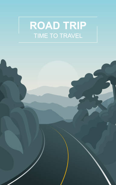 Road trip or travel concept with open road Road trip or travel concept with open highway leading to distant mountain ranges below text, colored vector illustration car point of view stock illustrations
