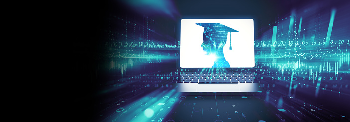 banner of virtual human silhouette on laptop screen,concept of online education or e-learning.3d illustration