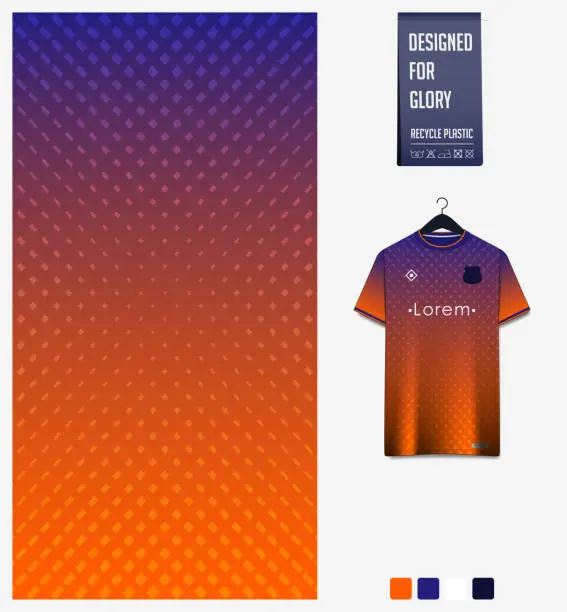 Vector illustration of Fabric textile design in Orange gradient geometry shape pattern for soccer jersey, football kit or sports uniform. T-shirt mockup template. Abstract background.