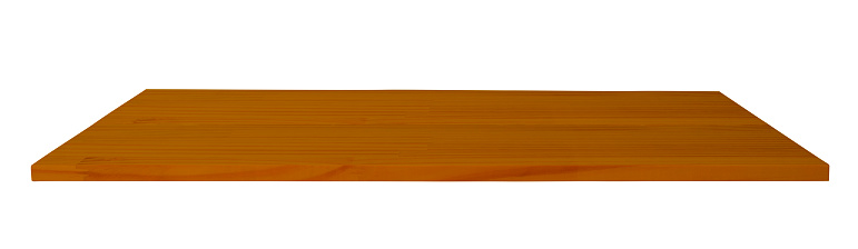 Empty brown wooden shelf on white background.