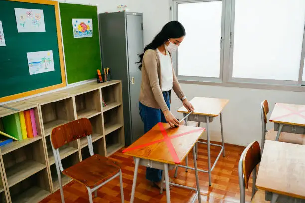 Asian female teacher wearing a face mask measures distances between desks in classroom in primary school. Social distancing policy in education building for Covid19 new normal concept