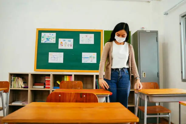 Asian female teacher wearing a face mask measures distances between desks in classroom in primary school. Social distancing policy in education building for Covid19 new normal concept