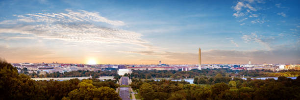 Panorama view of Washington DC skyline when sunset seen from Arlington cemetery. Panorama view of Washington DC skyline when sunset seen from Arlington cemetery, Washington DC, USA. potomac river photos stock pictures, royalty-free photos & images