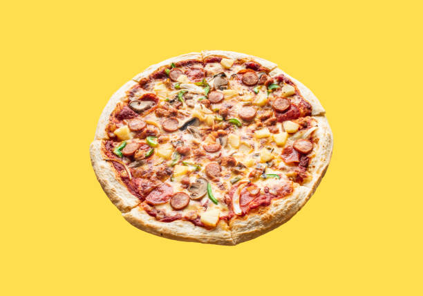 istock Top view pizza on yellow color above, background. 1271255049