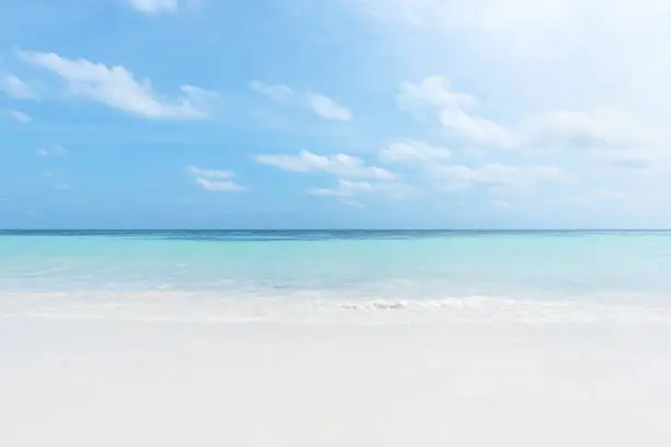 Photo of Sunny beach and turquoise sea with clear sky background