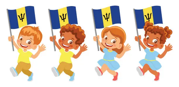 Vector illustration of Child holding Barbados flag