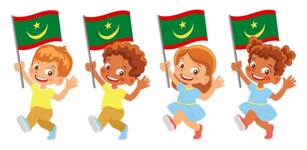 Vector illustration of Child holding Mauritania flag