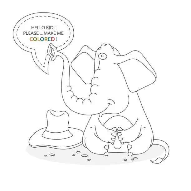 Vector illustration of Black and white coloring book page. Cartoon character of a funny cute elefant with hat. Card from a set for the development of children. Vector illustration