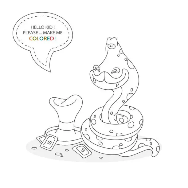 Vector illustration of Black and white coloring book page. Cartoon character of a funny cute snake and magician hat with money . Card from a set for the development of children. Vector illustration