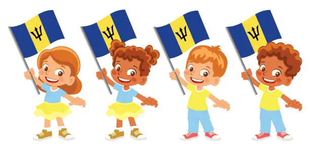 Vector illustration of Child holding Barbados flag