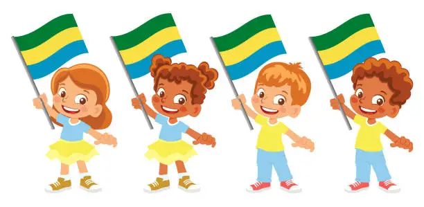 Vector illustration of Child holding Gabon flag