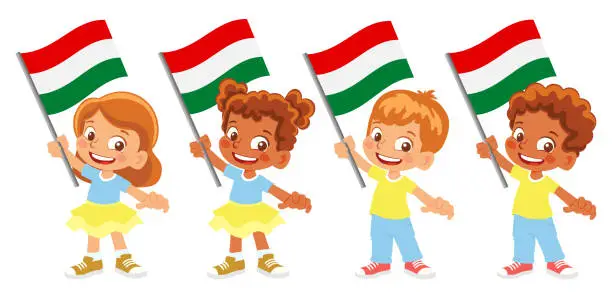 Vector illustration of Child holding Hungary flag