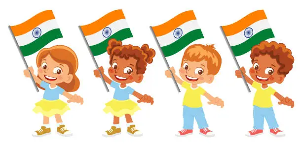 Vector illustration of Child holding India flag