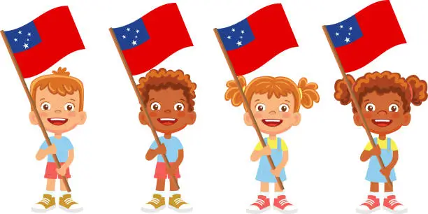 Vector illustration of Child holding Samoa flag
