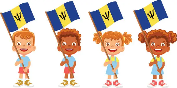 Vector illustration of Child holding Barbados flag