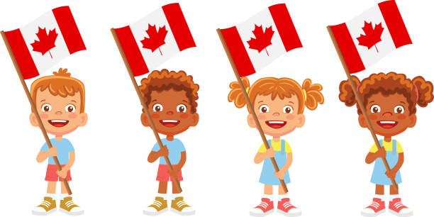 illustrazioni stock, clip art, cartoni animati e icone di tendenza di bambino che tiene bandiera canadese - canadian flag canadian culture canada people