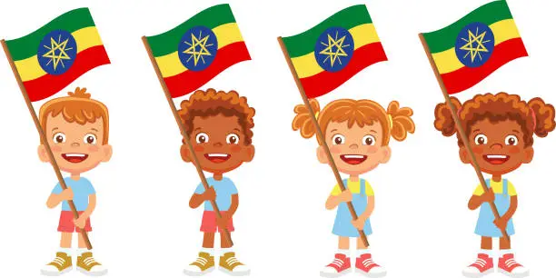 Vector illustration of Child holding Ethiopia flag