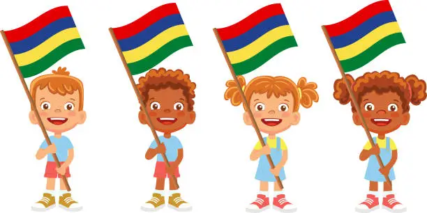 Vector illustration of Child holding Mauritius flag