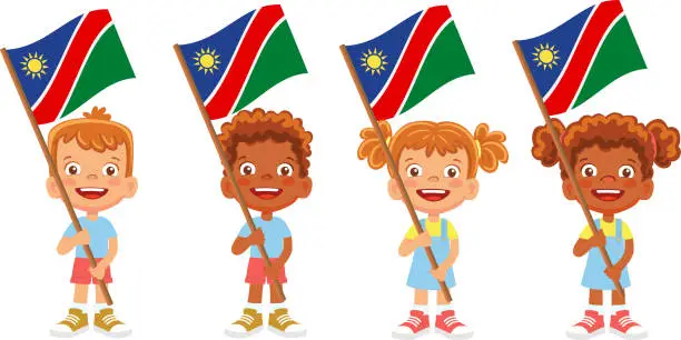 Vector illustration of Child holding Namibia flag