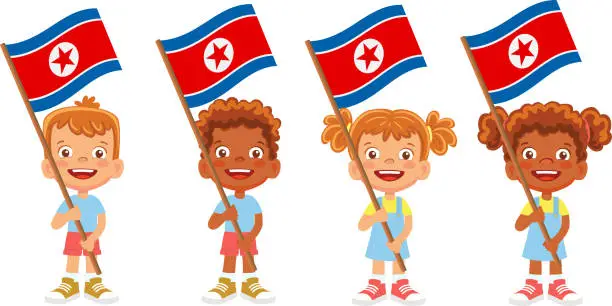 Vector illustration of Child holding North Korea flag