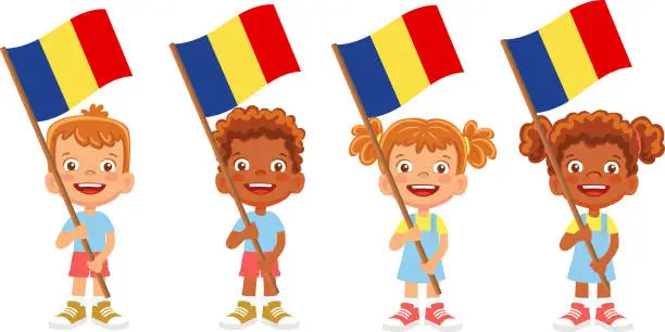 Vector illustration of Child holding Romania flag