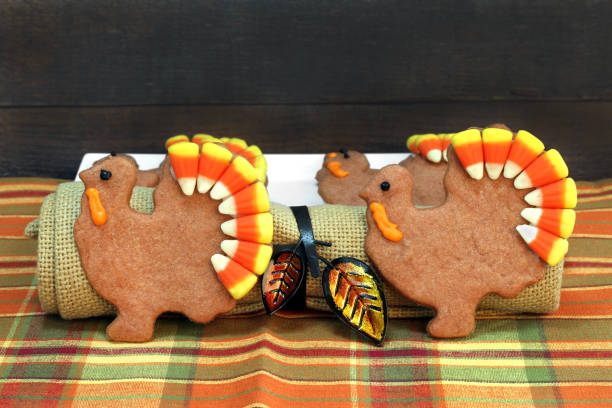 Turkey shaped sugar cookies with candy corn for the turkey's tail. Two standing turkey shaped sugar cookies with candy corn as the turkey's tail.  Close up with copy space. white sugar cookie stock pictures, royalty-free photos & images