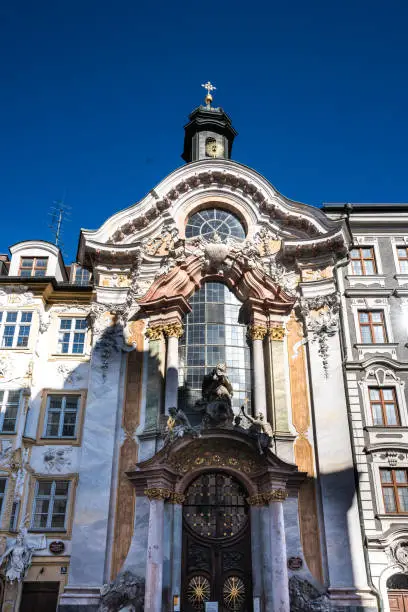 Historic facade of the baroque Asam Church, Asamkirche in Munich, Bavaria, Germany