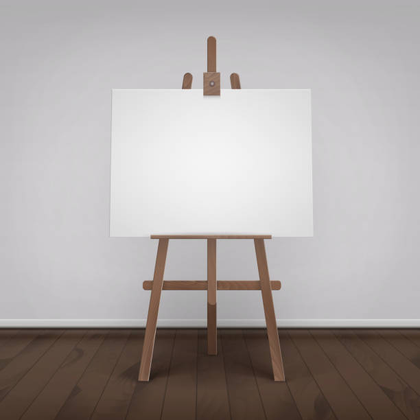 istock Vector Wooden Brown Easel with Mock Up Empty Blank Horizontal Canvas Standing on Floor in Room 1271268555