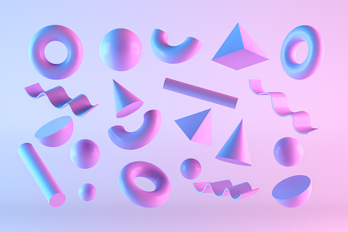 3D Abstract Flying Geometric Shapes with Neon Lighting on Color Gradient Background