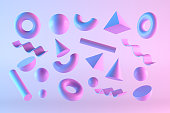 3D Abstract Flying Geometric Shapes with Neon Lighting on Color Gradient Background