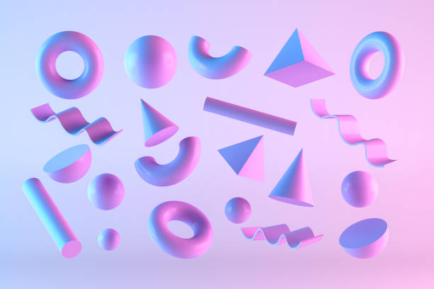 3D Abstract Flying Geometric Shapes with Neon Lighting on Color Gradient Background 3d rendering of flying primitives, geometric shapes. Tubes, cones, circles, spheres. Chaotic design. Color gradient, neon lighting. three dimensional stock pictures, royalty-free photos & images