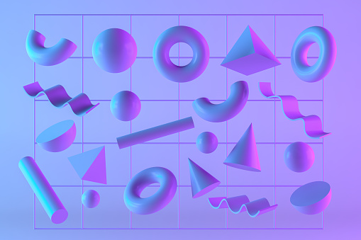 3d rendering of flying primitives, geometric shapes. Tubes, cones, circles, spheres. Chaotic design. Color gradient, neon lighting.