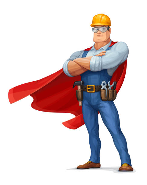 ilustraciones, imágenes clip art, dibujos animados e iconos de stock de trabajador de la construcción de superhéroes - screwdriver isolated blue work tool
