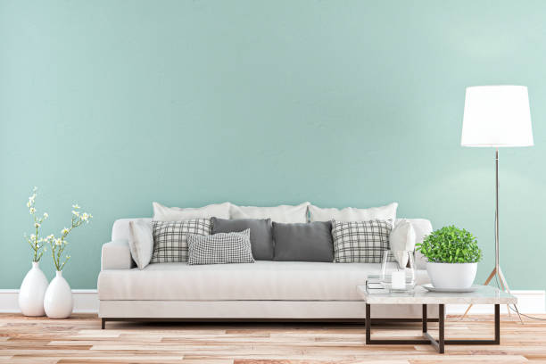 istock Elegant living room with sofa whole view - colored wall background 1271271651
