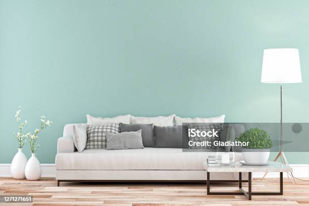 Elegant Living Room With Sofa Whole View Colored Wall Background Stock Photo - Download Image Now
