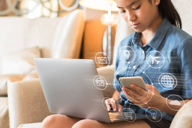 Internet of things - IOT and digital marketing via multi-channel communication network concept with young student or teenager girl using computer, mobile smartphone app  technology studying at home