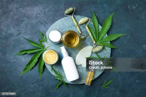 Hemp Leaves Oil Cosmetic Products Face Cream Body Butter Face Roller And Gua Sha Massager On Dark Background Top View Copy Space Natural Skin And Self Care Concept Flat Lay Banner Stock Photo - Download Image Now