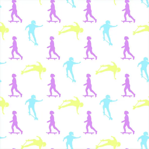 Vector illustration of Seamless skateboarding pattern with multi-colored silhouettes of skateboarders on white background.  The girl rides a skateboard. Jump, trick ollie. Children design. Extreme sport vector illustration.