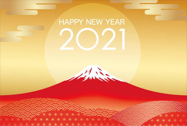 2021 год поздравительная открытка вектор шаблон с красной горы фудзи и восходящего солнца на золотом фоне. - twilight fuji mt fuji japan stock illustrations