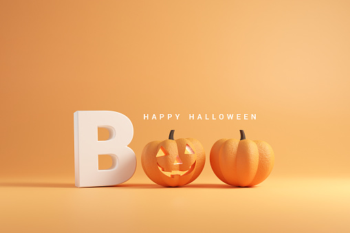Boo! Happy Halloween day, lettering design with smiling pumpkin character on orange background, Trick or Treat, 3d render.