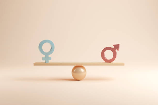 Gender equality concept. Male and female symbol on the scales with balance on blue background. minimal style. Gender equality concept. Male and female symbol on the scales with balance on blue background. minimal style, 3d render. gender equality stock pictures, royalty-free photos & images