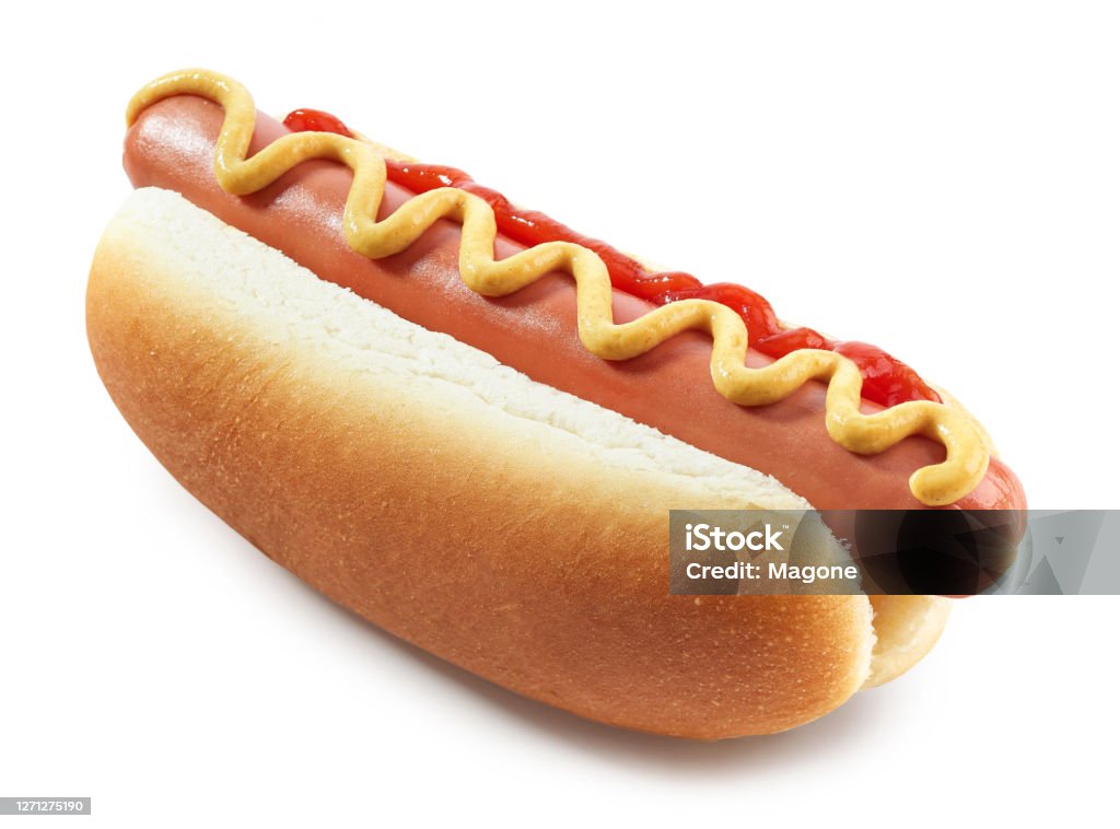 Hot dog with mustard isolated on white background Hot dog with mustard and ketchup isolated on white background Hot Dog Stock Photo