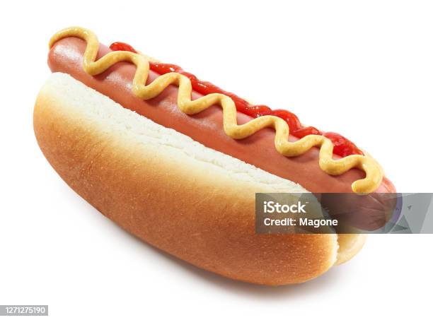 Hot Dog With Mustard Isolated On White Background Stock Photo - Download Image Now - Hot Dog, White Background, Cut Out