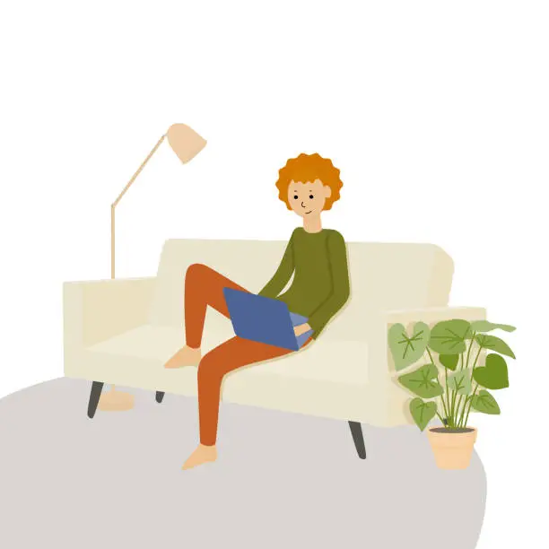 Vector illustration of A boy with red hair is working with a laptop. A young man is sitting on the sofa, doing homework at home.