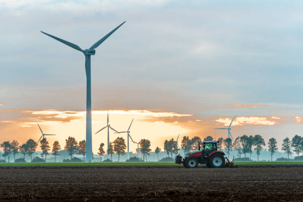 Wind turbine farm group of wind mills in the fog at sunrise, in the foreground a tractor, ploughing the land netherlands windmill stock pictures, royalty-free photos & images