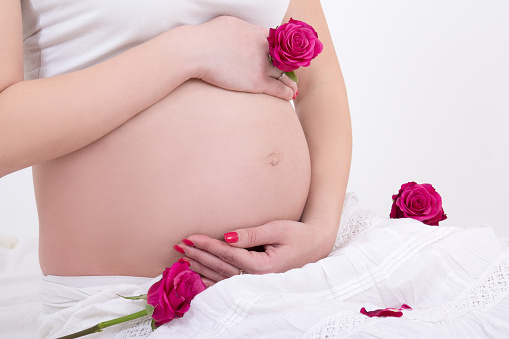 pregnant woman's belly with red roses over white