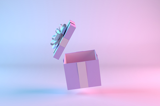 Caja de regalo abierta, diseño 3d mínimo sobre fondo de degradado de color photo